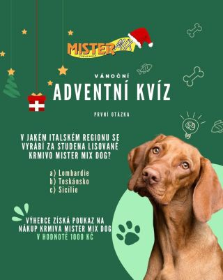🎄 Adventní kvíz s Mister Mix Dog! Máme pro vás překvapení! Každou adventní neděli rozdáme dárkový poukaz v hodnotě 1000 Kč...